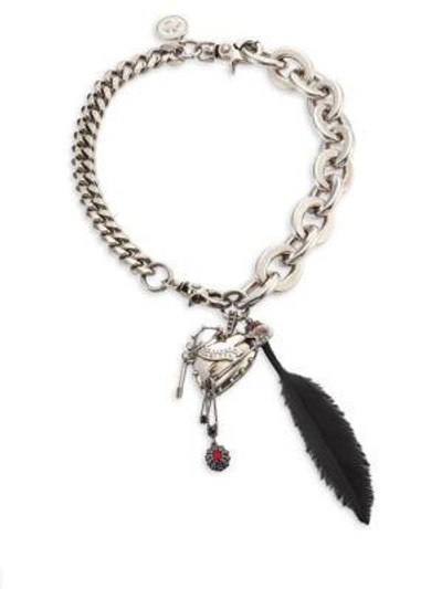 Alexander Mcqueen Heart Feather Chain Necklace In Silver