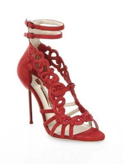 Sophia Webster Albany Embroidered Suede Ankle-strap Sandals In Red