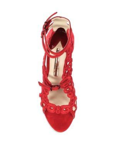 Shop Sophia Webster Albany Embroidered Suede Ankle-strap Sandals In Red