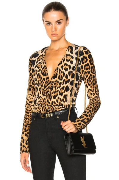 Shop Saint Laurent Leopard Deep V Drape Blouse In Animal Print,neutrals