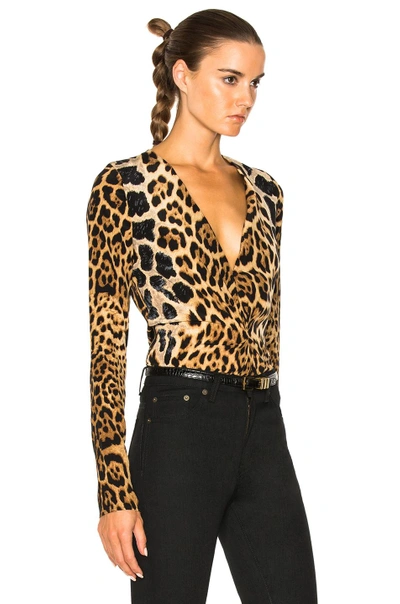 Shop Saint Laurent Leopard Deep V Drape Blouse In Animal Print,neutrals