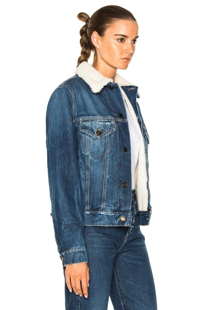 Shop Saint Laurent Shearling Trim Patch Denim Jacket In Blue