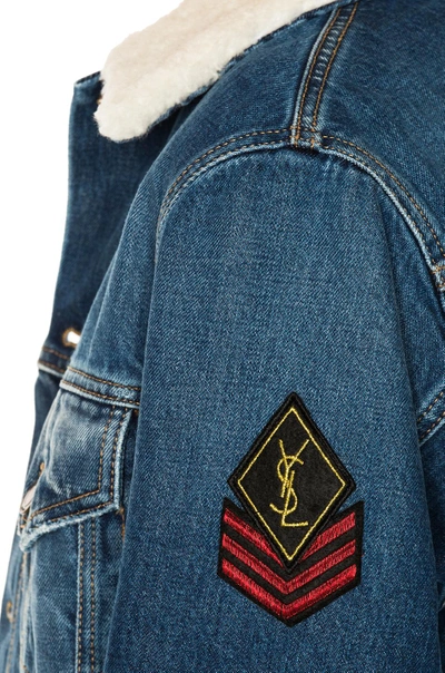 Shop Saint Laurent Shearling Trim Patch Denim Jacket In Blue