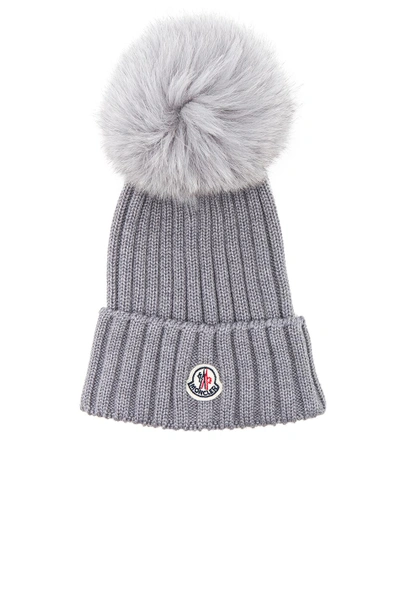 Shop Moncler Berretto Beanie With Fox Fur Pom In Gray