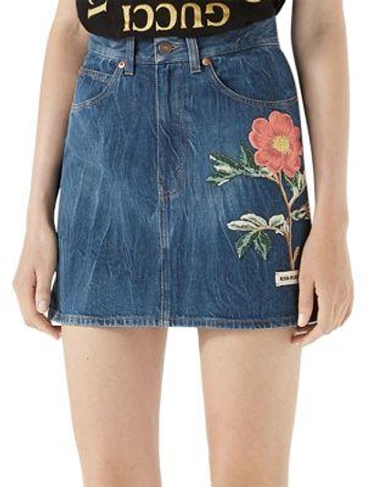 Shop Gucci Floral-embroidered Denim Mini Skirt In Blue Denim