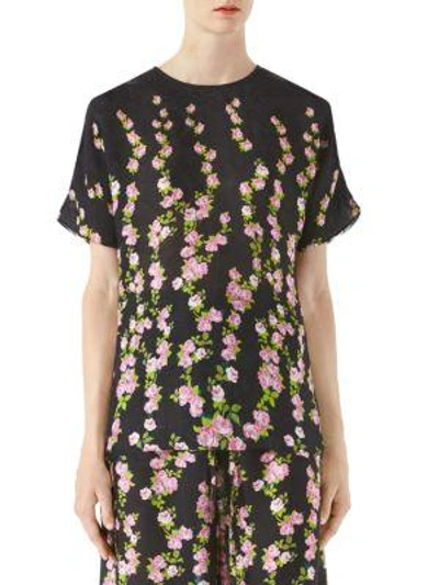 Shop Gucci Silk Jacquard Short Sleeve Blouse In Black Rose