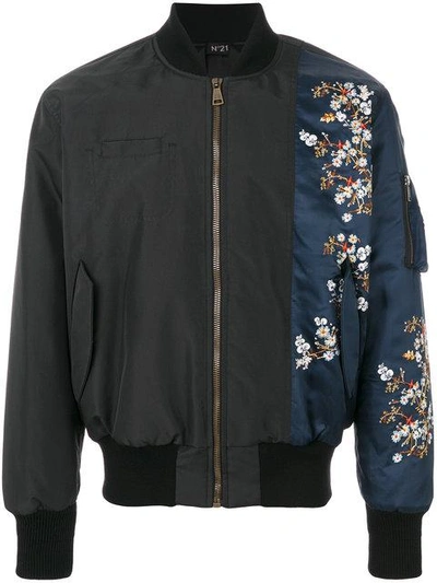 Shop N°21 Flower Print Patch Bomber Jacket In Black