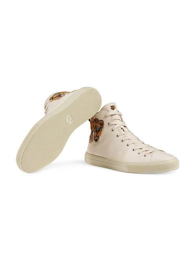 Shop Gucci Leather High-tops With Tiger - White