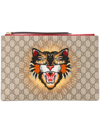 Shop Gucci Angry Cat Gg Supreme Pouch - Neutrals
