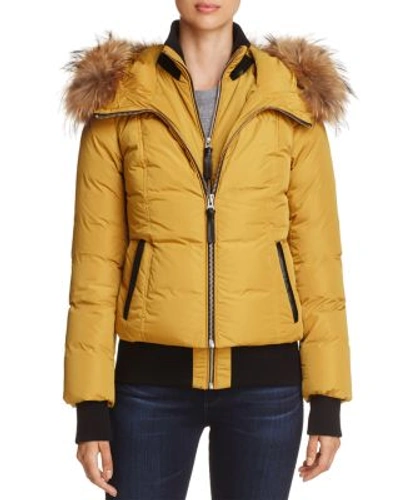 Mackage Romane Fur Trim Down Bomber Jacket In Gold