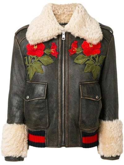 Shop Gucci Embroidered Shearling Lined Bomber Jacket - Brown