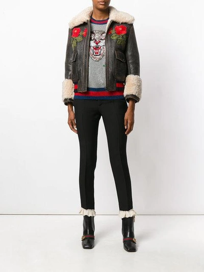 Gucci Flower Embroidered Shearling Leather Jacket In Brown