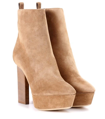 Saint Laurent Vika 95 Suede Plateau Ankle Boots In Beige