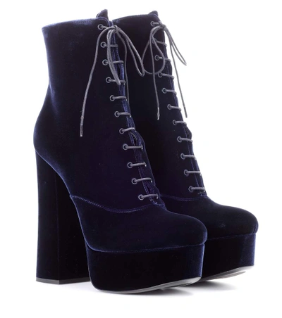 Prada Velvet Lace-up Platform Booties In Navy | ModeSens