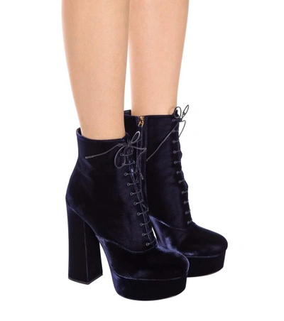 Shop Prada Velvet Plateau Ankle Boots In Blue