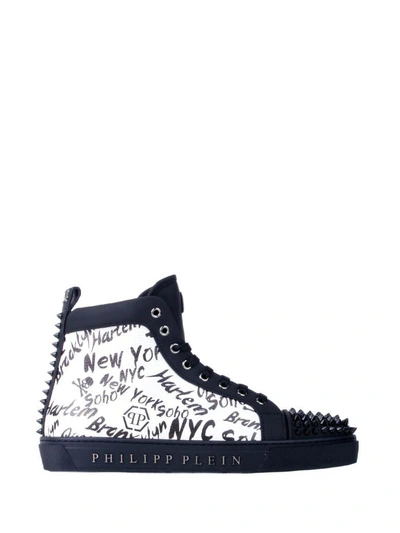 Shop Philipp Plein Black And White Leather High-top Wood Sneakers In Black-nickel