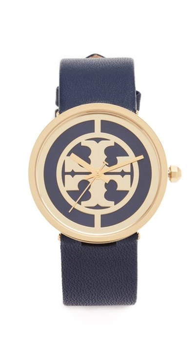 Tory Burch The Reva Leather Watch In Gold/navy