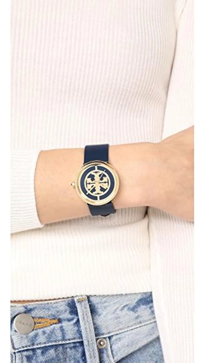 Shop Tory Burch The Reva Leather Watch In Gold/navy