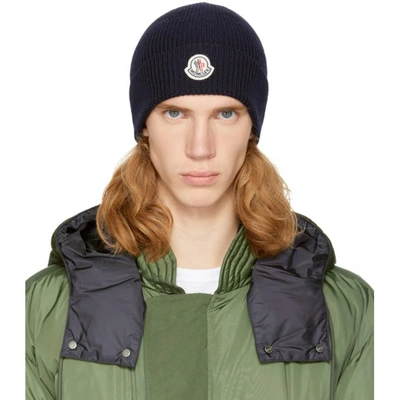 Shop Moncler Navy Ribbed Wool Beanie