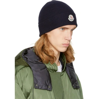 Shop Moncler Navy Ribbed Wool Beanie