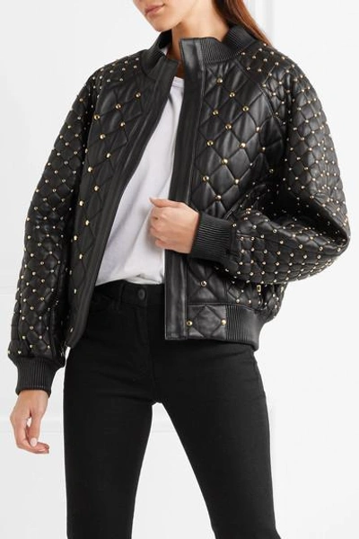 Shop Balmain Studded Quilted Leather Bomber Jacket