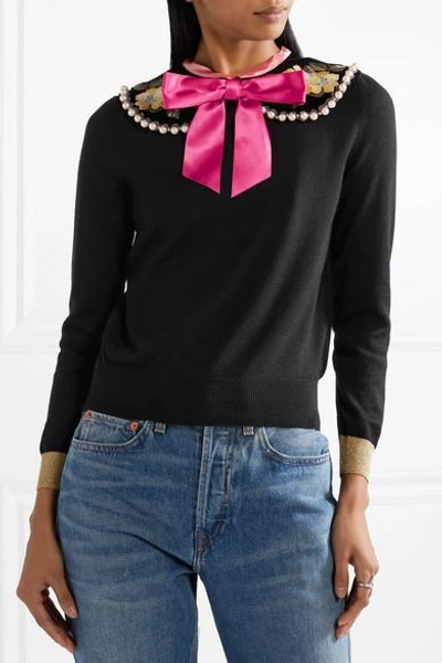 Shop Gucci Embellished Cashmere And Silk-blend Sweater In Black