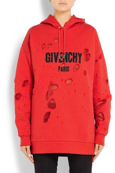 Shop Givenchy Distressed Chiffon-paneled Cotton-jersey Hooded Sweatshirt