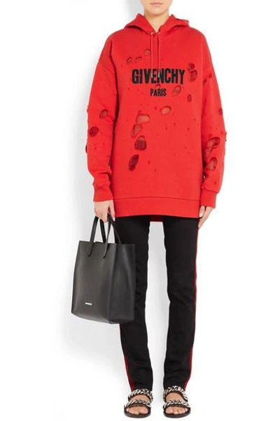 Shop Givenchy Distressed Chiffon-paneled Cotton-jersey Hooded Sweatshirt