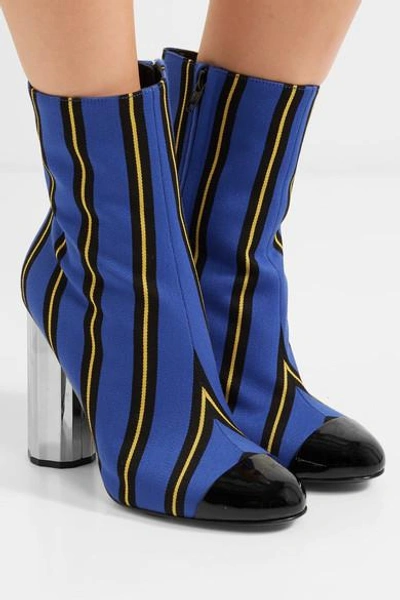 Shop Marco De Vincenzo Patent Leather-trimmed Striped Canvas Ankle Boots In Blue