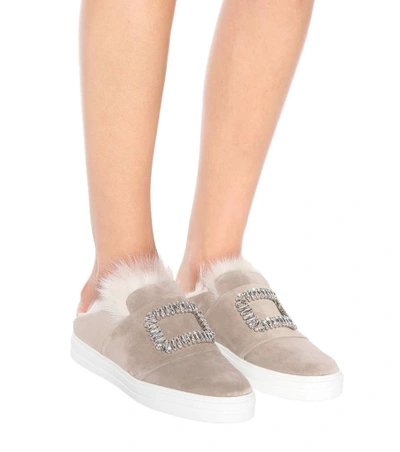Shop Roger Vivier Sneaky Viv Fur-lined Suede Sneakers In Grey