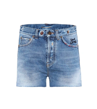 Shop Saint Laurent Embroidered Denim Shorts In Blue