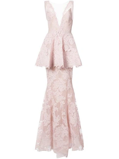 Shop Marchesa Lace Peplum Gown - Pink
