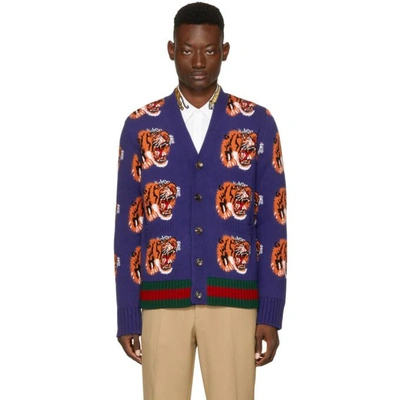 Shop Gucci Navy Jacquard Tiger Cardigan