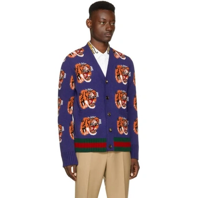 Shop Gucci Navy Jacquard Tiger Cardigan