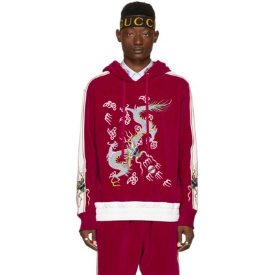 Shop Gucci Red Velour Embroidered Hoodie