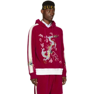 Shop Gucci Red Velour Embroidered Hoodie