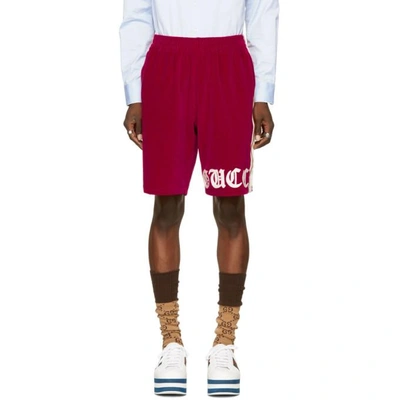 Shop Gucci Red Velour Logo Shorts