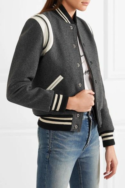 Shop Saint Laurent Teddy Leather-trimmed Wool-blend Bomber Jacket