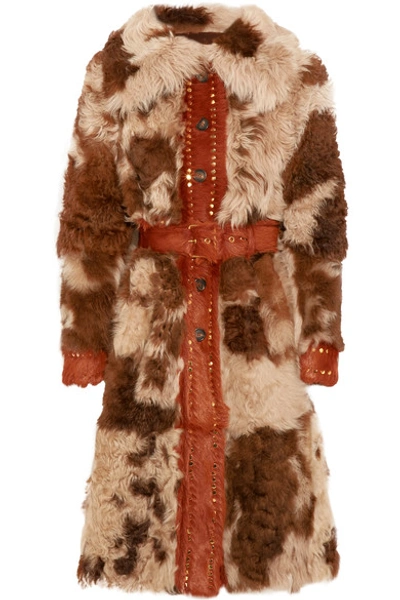 Prada Stud-embellished Shearling Coat In Brown