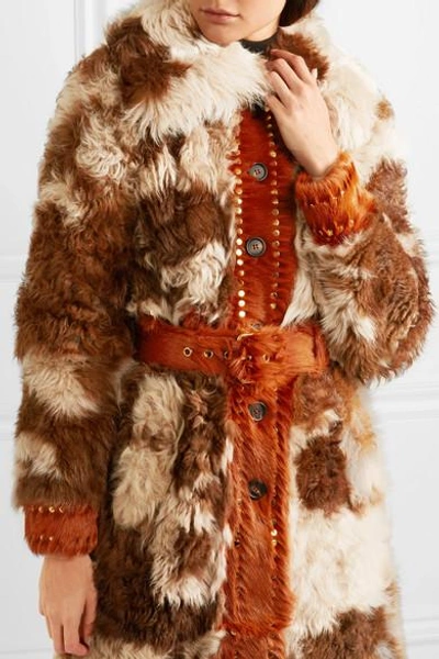 Shop Prada Studded Shearling Coat In Brown