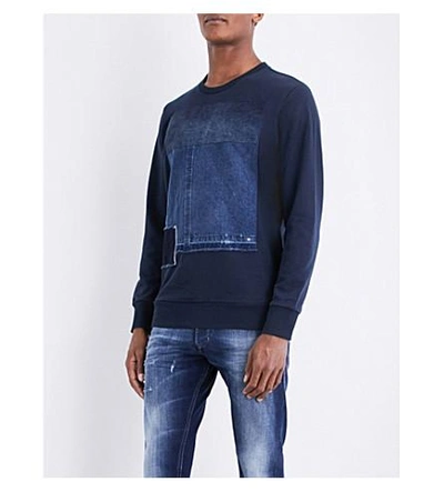 Shop Diesel S-peter Denim-detail Cotton-jersey Sweatshirt In Total Eclipse