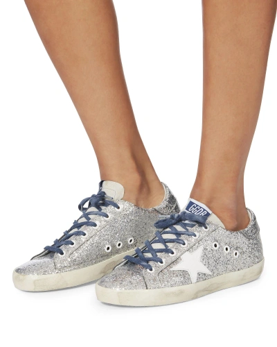 Shop Golden Goose Superstar Blue Lace Silver Glitter Sneakers