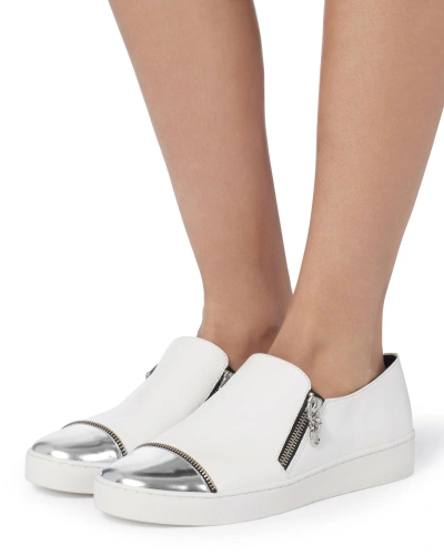 Shop Michael Kors Silver Cap Toe White Leather Sneakers