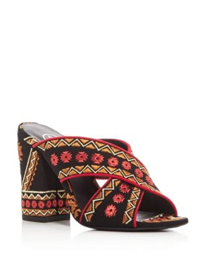 Shop Ash Adel Embroidered Crisscross High Heel Slide Sandals In Black/coral