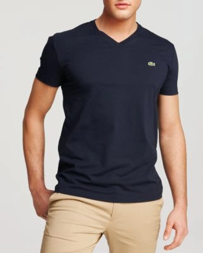 Shop Lacoste Solid V-neck Tee In Navy Blue