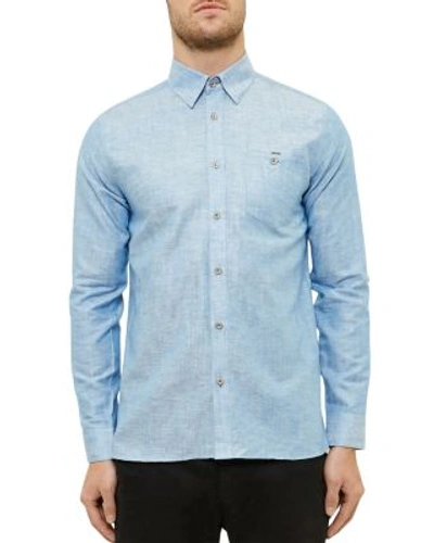 Ted Baker Linen-cotton Regular Fit Button Down Shirt In Bright Blue