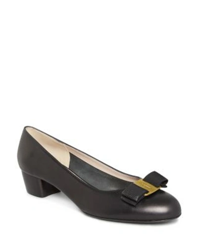 Shop Ferragamo Women's Vara Leather Low Heel Pumps In Nero/gold