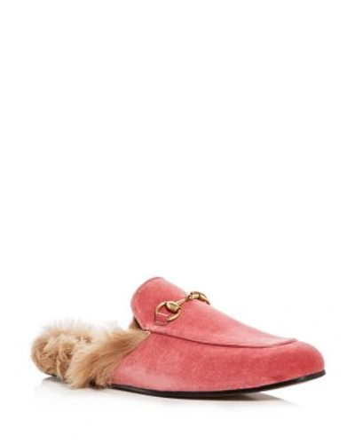 Gucci Men's Princetown Velvet And Lamb Fur Slippers In Pink