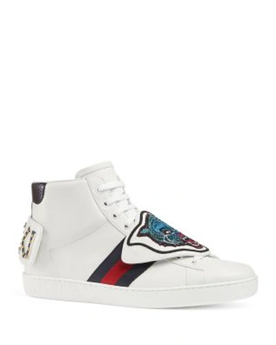 Shop Gucci Men's Leather Ace High-top Sneakers With Removable Embroideries In White