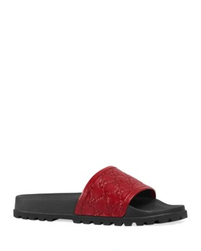 Shop Gucci Men's Pursuit Treck Embossed Leather Slide Sandals In Red